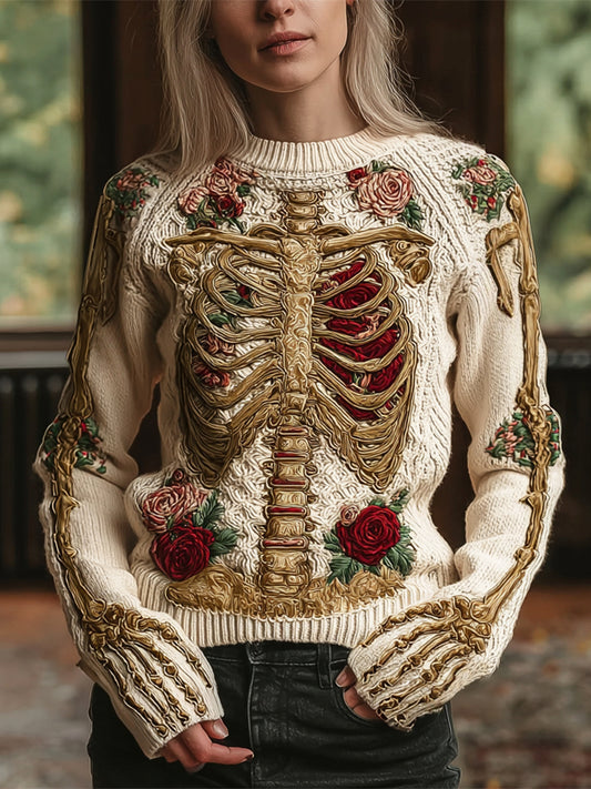 Retro Skeleton & Floral Women's Crew Neck Knit Sweater