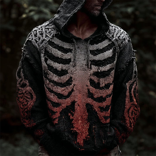Men's Bloody Skeleton Gradient Celtic Cozy Knit Hooded Sweater