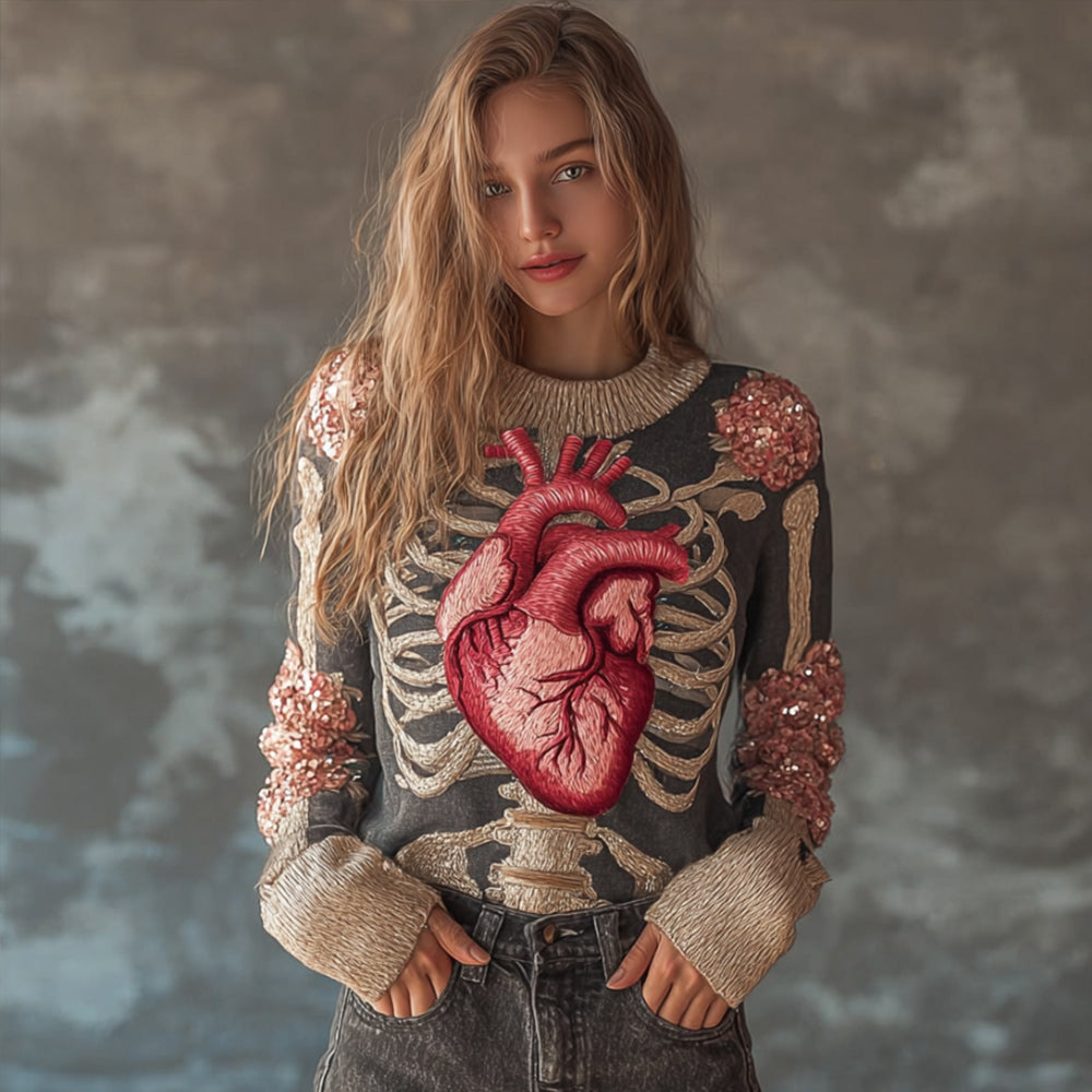 Female Anatomy Art And Flower Round Neck Sweater