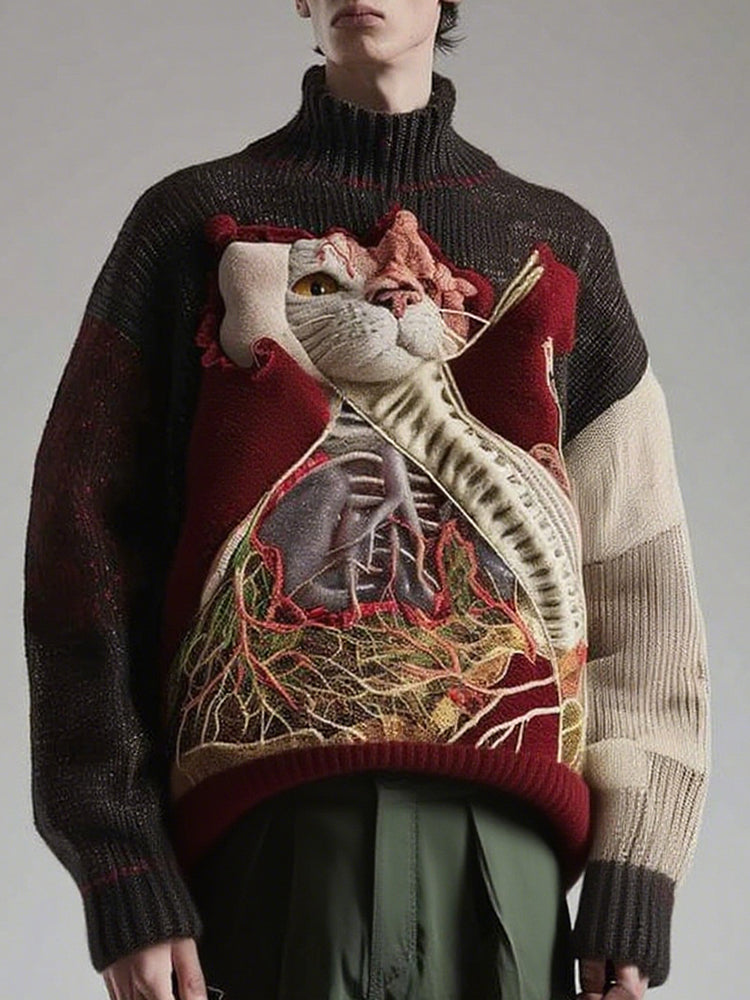 Men's Retro Cat Anatomy Knit Jacquard Turtleneck Sweater