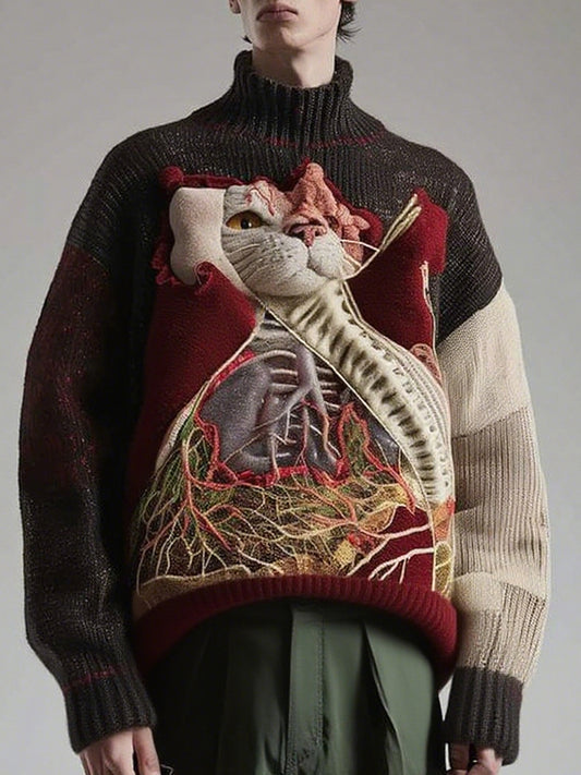 Men's Retro Cat Anatomy Knit Jacquard Turtleneck Sweater