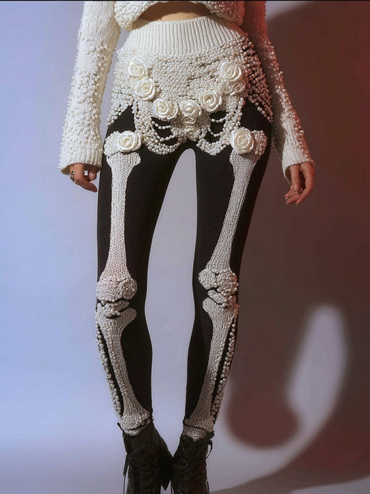 Vintage Skeleton Roses Contrast Color Cozy Knit Leggings