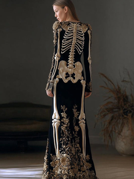 Halloween Retro Anatomy Art And Flower Velvet Long Dress