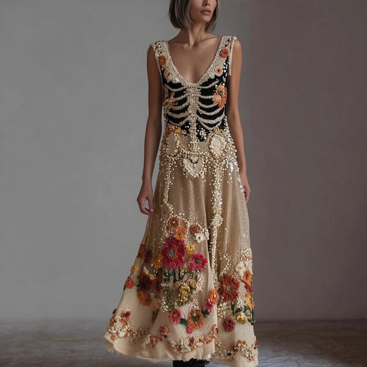 Vintage Skeleton Flowers Glitter V Neck Flowy Maxi Dress