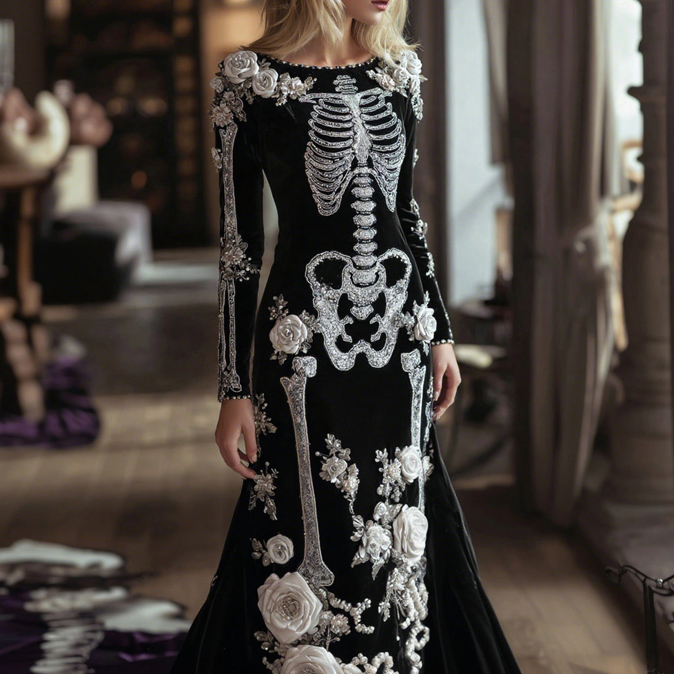 Women's Halloween Dark Gothic Rose Skeleton Velvet Round Neck Maxi Dress