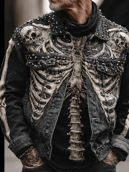 Halloween Skeleton And Human Skeleton Pattern Design Men's Denim Jacket