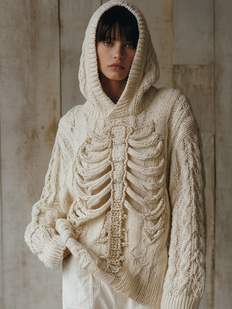 Vintage Halloween Skeleton Bones Art Chunky Knitted Hooded Sweater