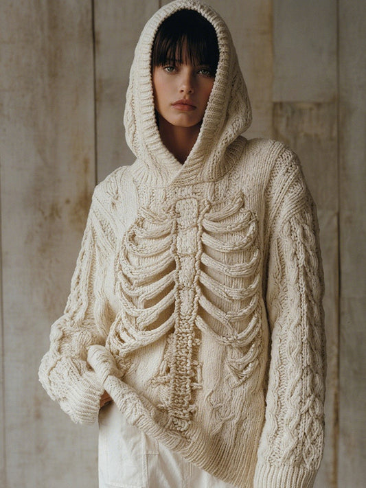 Vintage Halloween Skeleton Bones Art Chunky Knitted Hooded Sweater