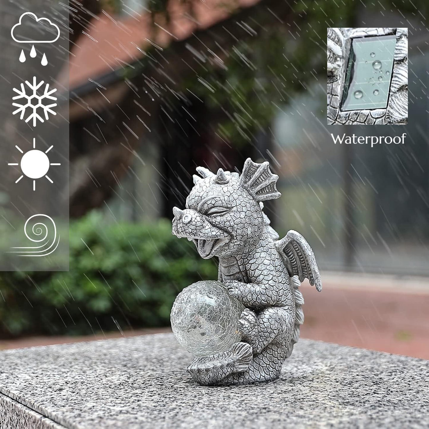 Garden Dragon Statues - Adorable Baby Resin Dragon Holding Magic Orb with Solar LED Lights
