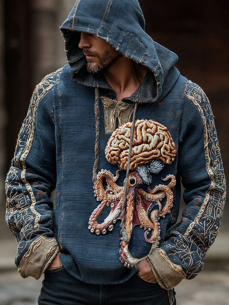 Human Anatomy Brain Cthulhu Octopus Inspired Cotton And Linen Hooded Shirt