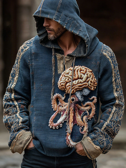 Human Anatomy Brain Cthulhu Octopus Inspired Cotton And Linen Hooded Shirt