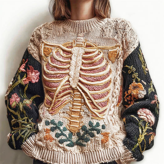 Vintage Anatomy & Floral Art Women's Knit Crew Neck Sweater