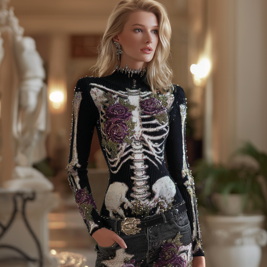 Halloween Human Anatomy Style Bone Pattern And Flower Pattern Combined Design Women's Round Neck Knit Sweater