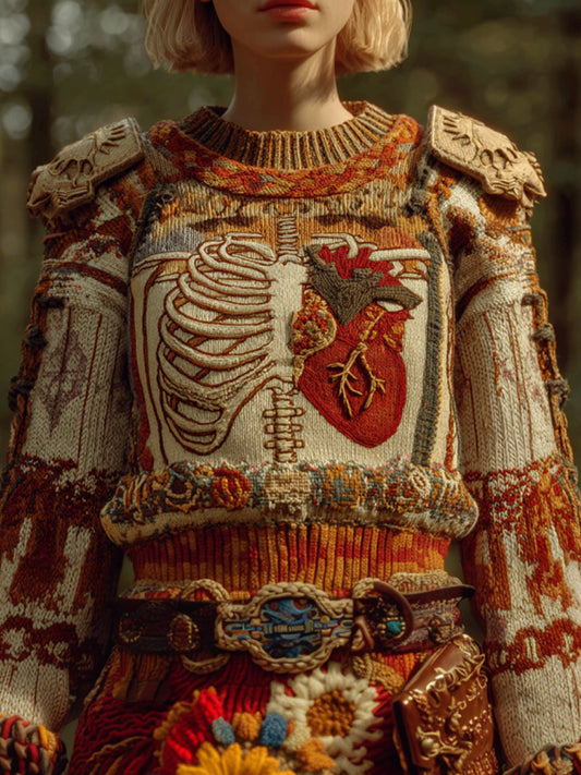Vintage Halloween Human Anatomy Art Sense Thick Needle Round Neck Sweater