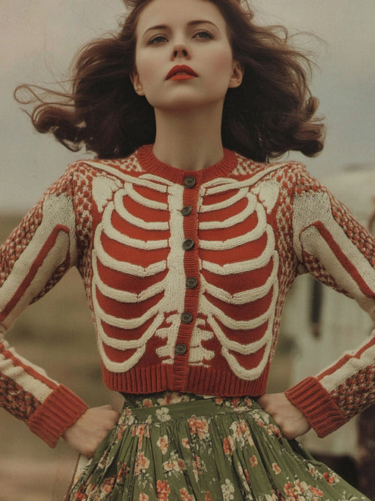 Women's Vintage Skull Ribs Pattern Knit Sweater Cardigan