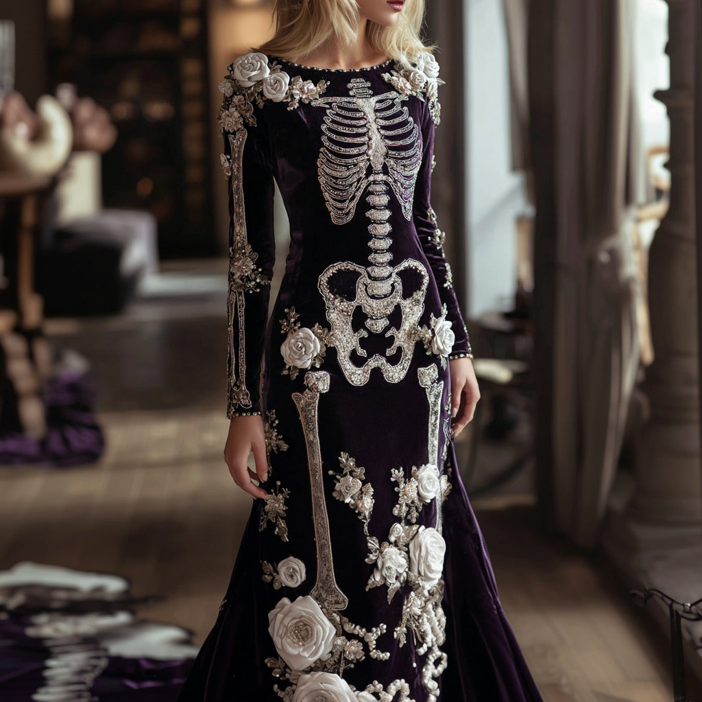 Women's Halloween Dark Gothic Rose Skeleton Velvet Round Neck Maxi Dress