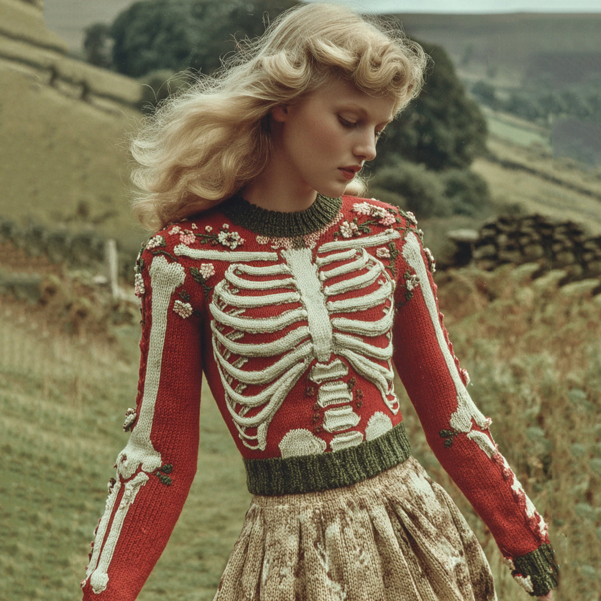 Women's Vintage Skull Rib Floral Pattern Knit Sweater