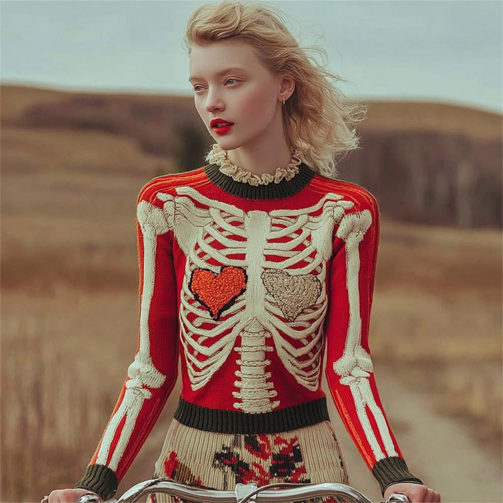 Retro Human Skeleton & Heart Art Women's Knit Sweater