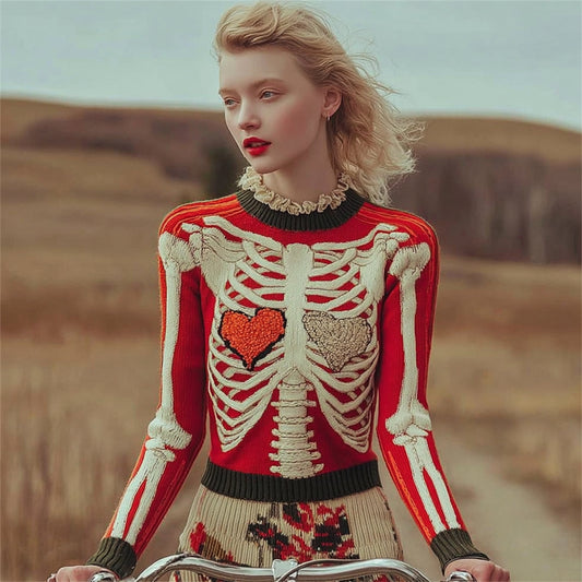 Retro Human Skeleton & Heart Art Women's Knit Sweater