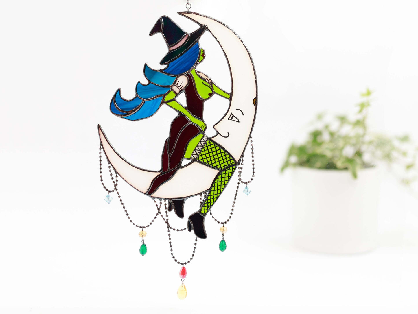 Witch on moon stained glass window hangings