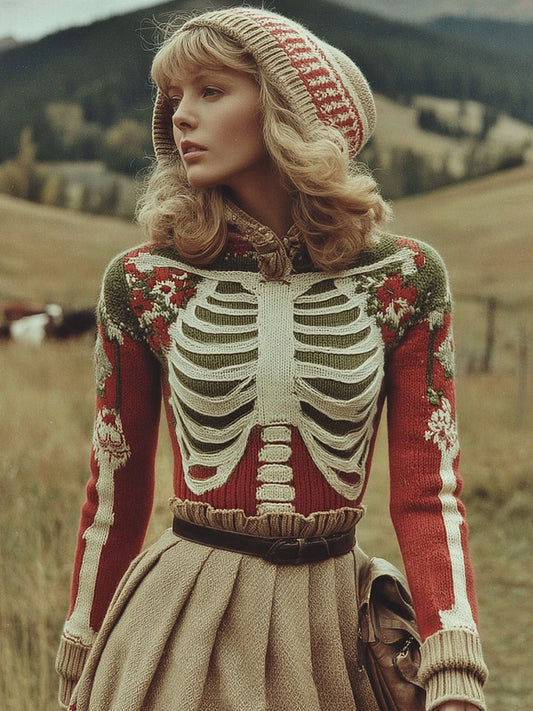 Women's Vintage Skull Rib Floral Pattern Knit Hooded Sweater