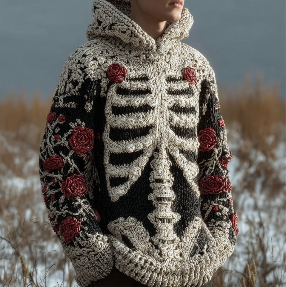 Halloween Human Anatomy Style Bone Pattern And Flower Pattern Combined Design Men's Hooded Knit Sweater