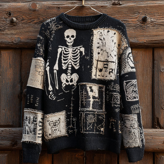 Men's Antique Geometric Patterns And Skull Art Black Round Neck Sweater