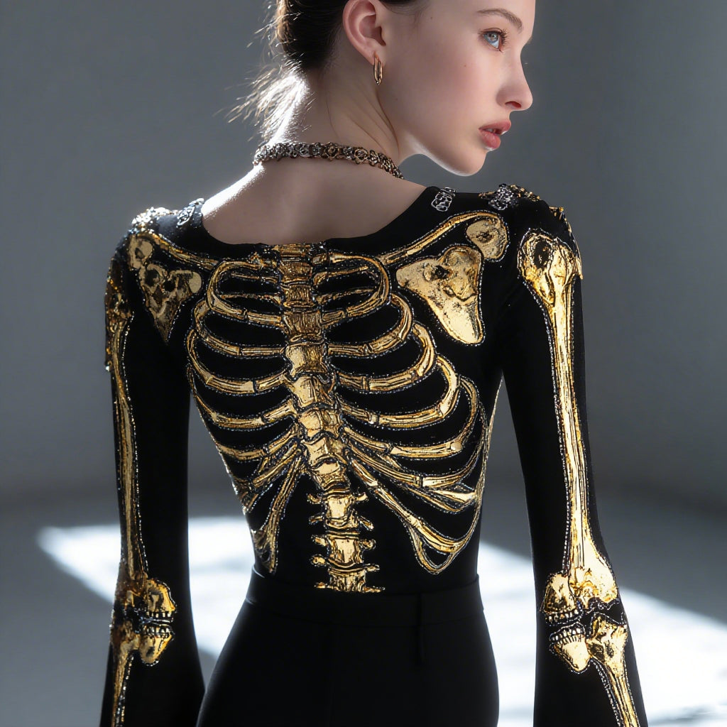 Women's Retro Human Skull Art Casual V-neck T-shirt
