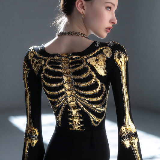 Women's Retro Human Skull Art Casual V-neck T-shirt
