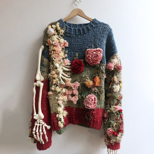 Women's Vintage Skeleton And Rose Art Color Block Cozy Sweater