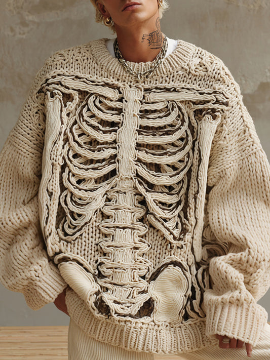 Retro Halloween Skeleton Bones Art Chunky Knitted Sweater