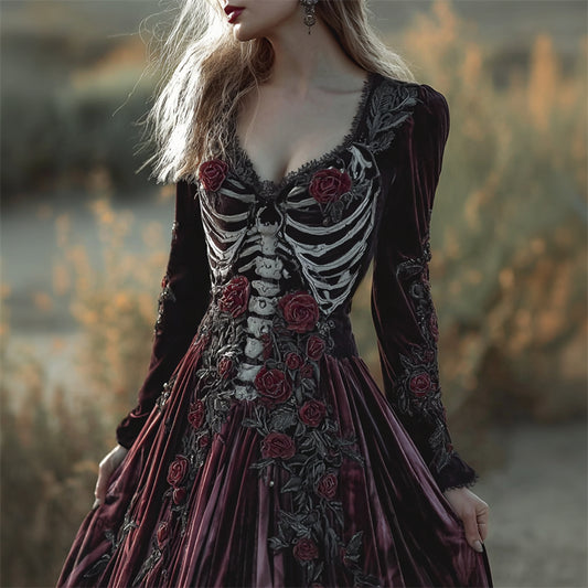 Vintage Skeleton Red Roses Cozy Velvet Maxi Dress