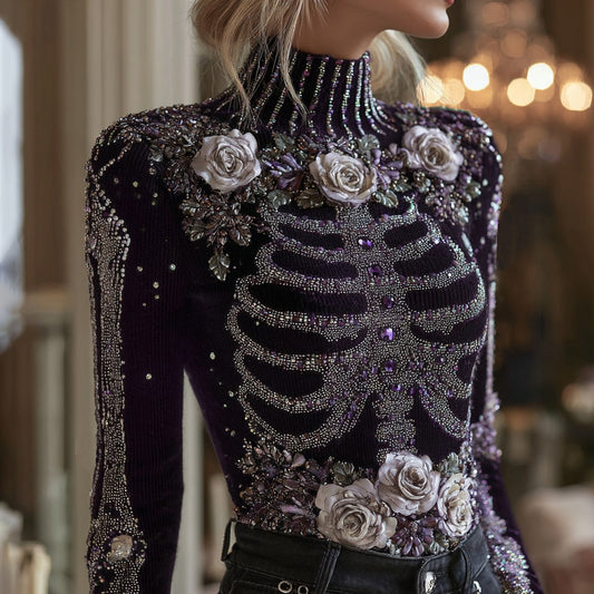 Women's Halloween Bloody Floral & Skeleton Art Turtleneck Slim Sweater