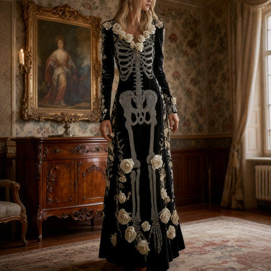 Women's Halloween Classic Rose Skeleton Velvet V Neck Maxi Dress