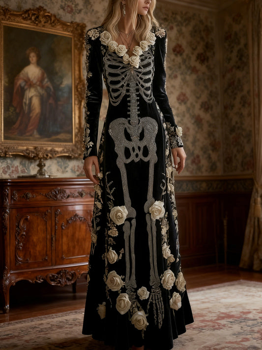 Women's Halloween Classic Rose Skeleton Velvet V Neck Maxi Dress