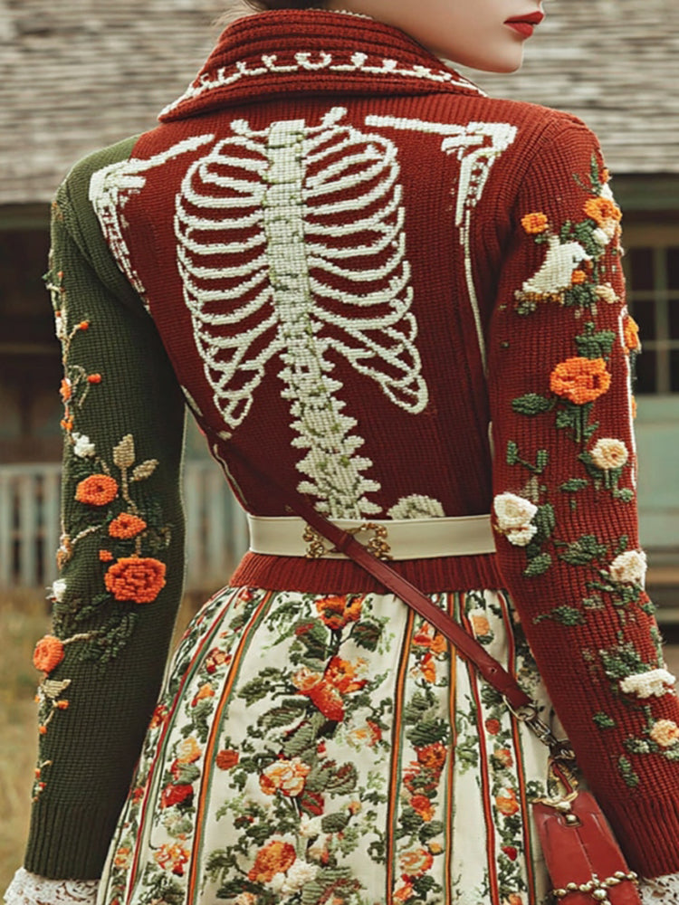 Vintage Halloween Skeleton Floral Button Down Lapel Knitted Sweater Cardigan