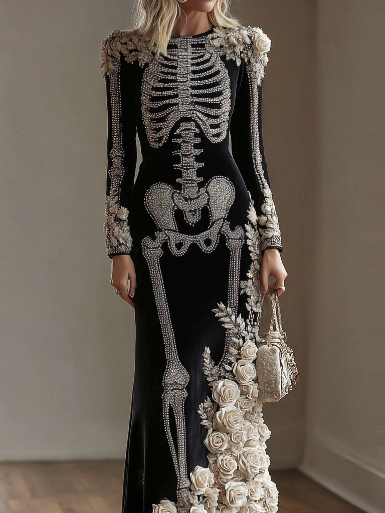 Women's Gothic Style  Rose Skeleton Velvet Round Neck Maxi Dress