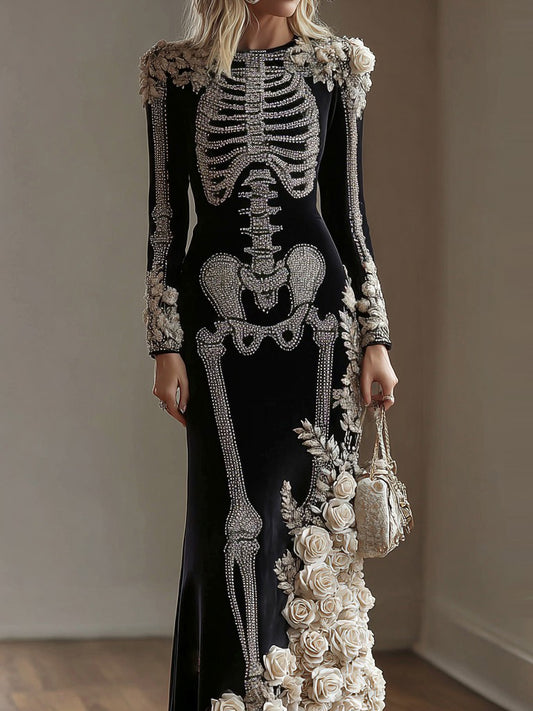 Women's Gothic Style  Rose Skeleton Velvet Round Neck Maxi Dress