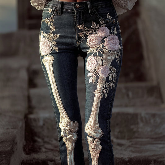 Skeleton Pink Roses Beaded Embroidered Washed Jeans
