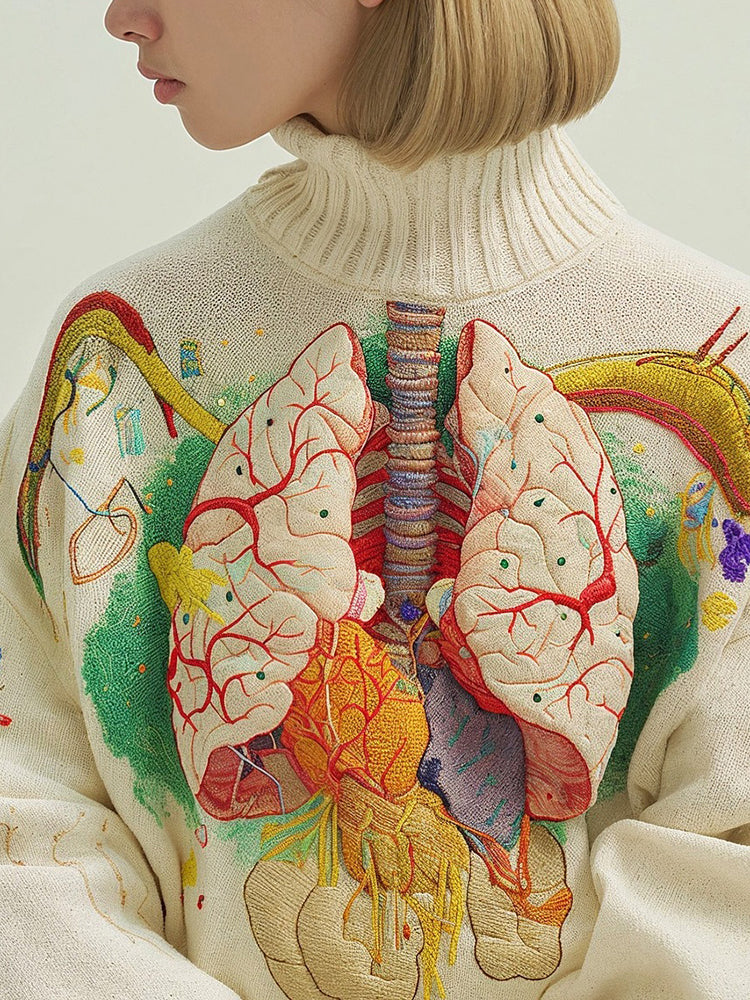 Vintage Halloween Anatomy In Rainbow Art Chunky Knitted Turtleneck Sweater