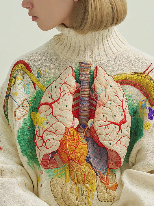 Vintage Halloween Anatomy In Rainbow Art Chunky Knitted Turtleneck Sweater