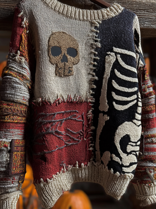 Halloween Skeleton Man Pattern Knit Round Neck Sweater