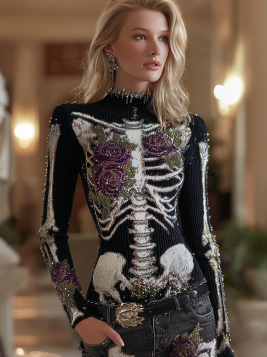 Halloween Human Anatomy Style Bone Pattern And Flower Pattern Combined Design Women's Round Neck Knit Sweater