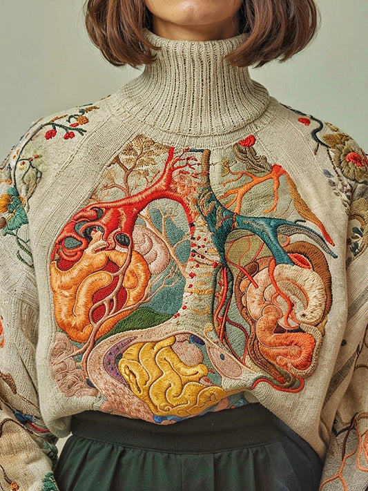 Vintage Halloween Colorful Anatomy Art Chunky Knitted Turtleneck Sweater