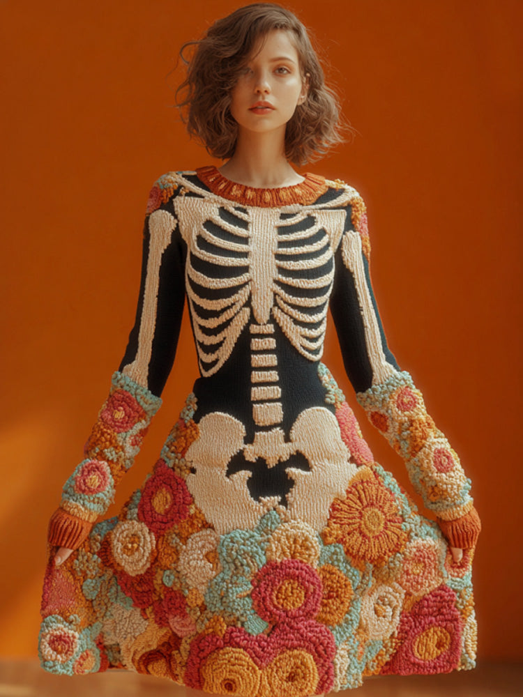Women's Halloween Warm Tone Skull Rose Embroidered Dress