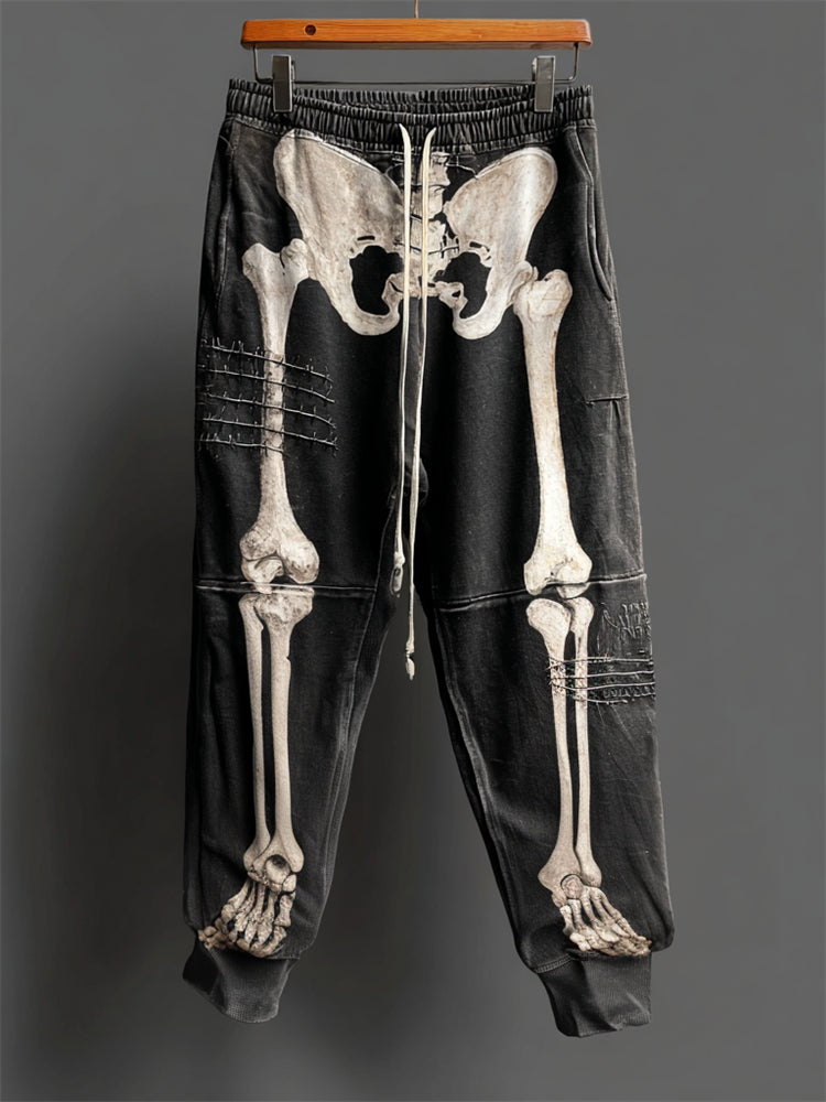 Halloween Skeleton Anatomy Distressed Patchwork Washed Sweatpants