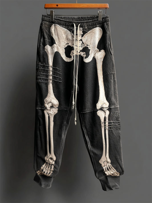 Halloween Skeleton Anatomy Distressed Patchwork Washed Sweatpants