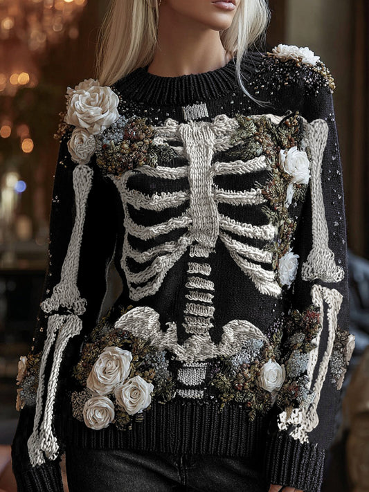 Women's Halloween Rose And Skeleton Anatomy Art  Round Neck Cozy Sweater