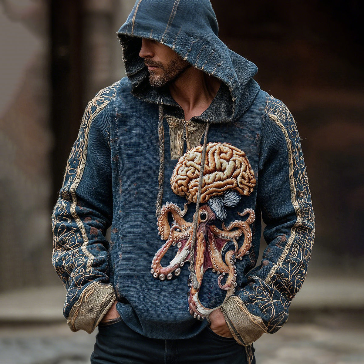 Human Anatomy Brain Cthulhu Octopus Inspired Cotton And Linen Hooded Shirt