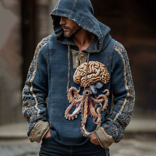 Human Anatomy Brain Cthulhu Octopus Inspired Cotton And Linen Hooded Shirt